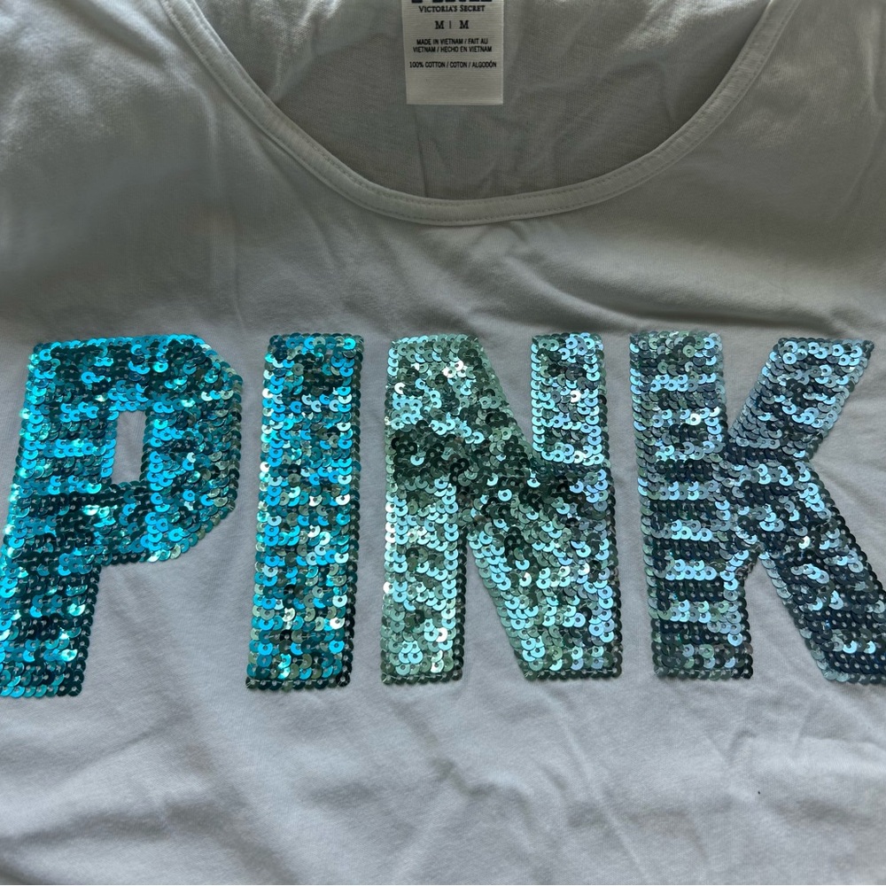 PINK Victoria's Secret White Tank Top with Blue Sequin Logo